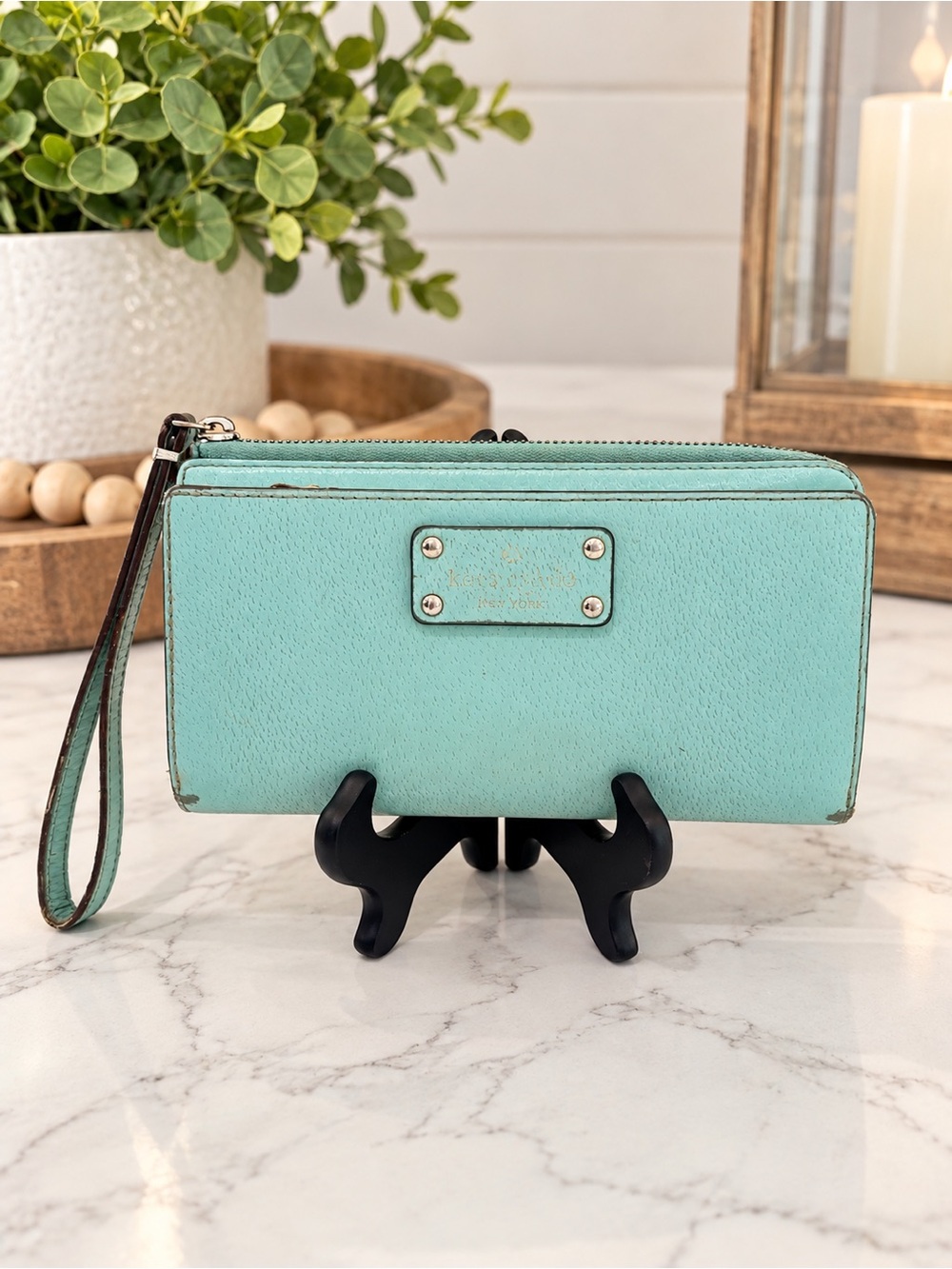 Authentic Kate Spade Neda Zip Around Wallet Wristlet Turquoise Blue Leather